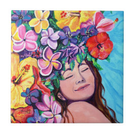 ハワイアン花陶瓦を持つ女性 タイル