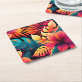 ハワイアン花鮮やかなフローラの熱帯パターン スクエアペーパーコースター (アングル)