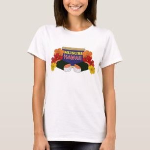 ハワイアン風スパムむすびとハイビスカスのお花のユーモアデザイン Tシャツ