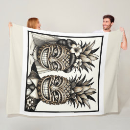 ハワイアン ウェディング タキシードとドレスの新郎新婦パイナップル ティキ ヘッド 結婚式 フリースブランケット