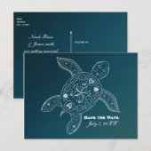 ハワイアン カメ 白 ティール ビーチ セーブ ザ デート 案内ポストカード (正面/裏面)