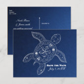 ハワイアン カメ 白 青い ビーチ セーブ ザ デート 案内ポストカード (正面/裏面)