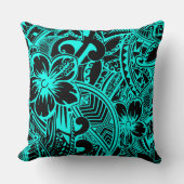 ハワイアン-サモア-ポリネシアティール（緑がかった色）部族の糸 クッション (正面)
