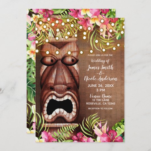 ハワイアン ティキ イルミネーション 夏のビーチ ウェディング 招待状 (正面/裏面)