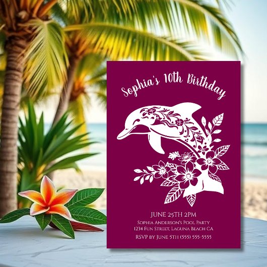 ハワイアン ドルフィン トロピカル フラワーズ バースデーパーティー 招待状