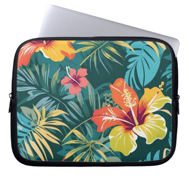 ハワイアン+ハイビスカス+ジャングル柄 ラップトップスリーブ (正面)