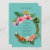 ハワイアン フラワー サークル ウェディング - 青 招待状 (正面/裏面)