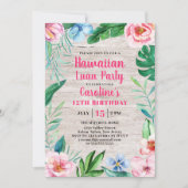 ハワイアン ルアウ パーティー トロピカル フラワー ウッド 誕生日 招待状 (正面)