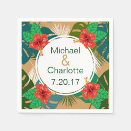 ハワイアン レッド ヒビスカス ルアウ 花嫁 & 花婿 名前 スタンダードカクテルナプキン