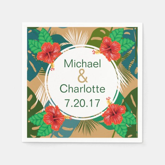 ハワイアン レッド ヒビスカス ルアウ 花嫁 & 花婿 名前 スタンダードカクテルナプキン (正面)