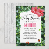 ハワイアン レッド ヒビスカス レディバグ トロピカル ベイビー シャワー 招待状 (正面/裏面)