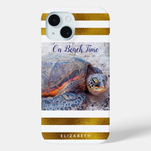ハワイウミガメ金ゴールドストライプホワイトタイムオンビーチ Case-Mate iPhoneケース (裏面)