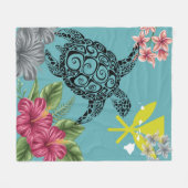 ハワイカナカートルハイビスカスプルメリアトロピカル フリースブランケット (正面(横))