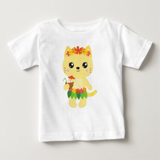 ハワイキャット,かわいいキャット,イエローキャット,花,ルアウ(ハワイ式宴会) ベビーTシャツ (正面)