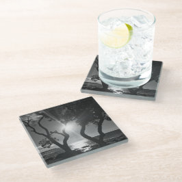 ハワイサンライトツリーズ海ショアブラックアンドホワイト ガラスコースター