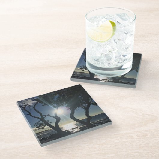 ハワイサンライトツリー海ショアカラー写真 ガラスコースター (アングル)