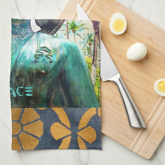 ハワイターコイズブッダ写真ピース引用文 スタイリッシュ キッチンタオル (四つ折り)