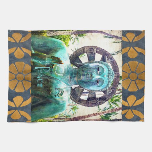 ハワイターコイズブッダ写真ピース引用文 スタイリッシュ キッチンタオル (横)