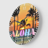 ハワイトロピカル海パームツリーサンセット ラージ壁時計 (傾斜)