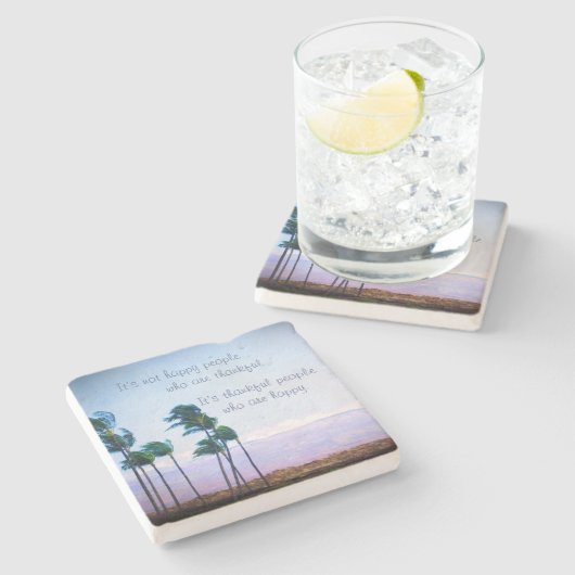 ハワイパームツリーフォトサンクフルハッピーピープル引用文 ストーンコースター (横)