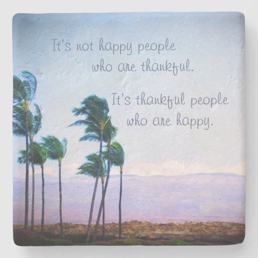 ハワイパームツリーフォトサンクフルハッピーピープル引用文 ストーンコースター (正面)