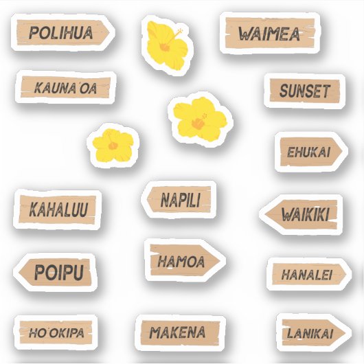 ハワイビーチの名前とハイビスカスの花 シール (正面)