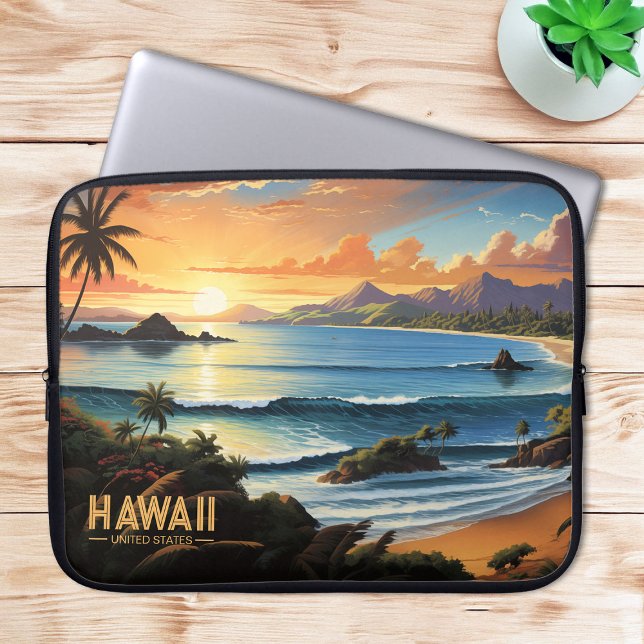 ハワイビーチトロピカルパラダイス絵を描ヴィンテージ ラップトップスリーブ (Hawaii Beach Tropical Paradise Vintage Painting Laptop Sleeve)