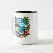 ハワイビーチマウンテンズトロピカルフラワートラベルアート ツートーンマグカップ (正面左)