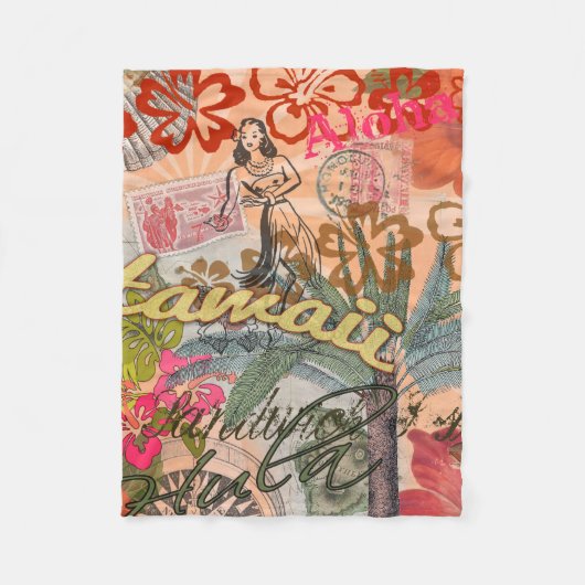 ハワイフラトラベルフラワーヴィンテージ フリースブランケット (正面)
