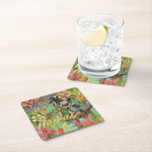 ハワイフラワーフラヴィンテージフローラグラフィック スクエアペーパーコースター (インサイチュ)