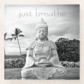 ハワイブッダ白黒フォトジャストバイブ引用文 ガラスコースター (正面)