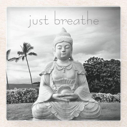 ハワイブッダ白黒フォトジャストバイブ引用文 ガラスコースター (正面)