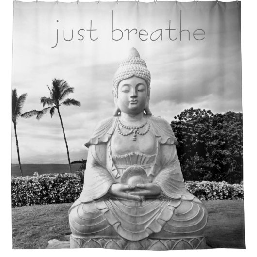 ハワイブッダ白黒フォトジャストバイブ引用文 シャワーカーテン (正面)