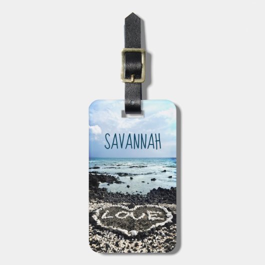 ハワイブラックビーチ&コーラルハートフォト名前をカスタムする ラゲッジタグ (正面縦)