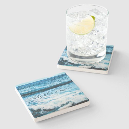 ハワイブルー海フォトライドザウェーブズ引用文 はっきりした ストーンコースター (横)