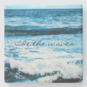 ハワイブルー海フォトライドザウェーブズ引用文 はっきりした ストーンコースター (正面)