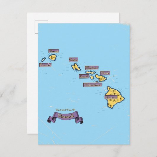 ハワイ図解入りの、写真付きのの旅行の地図 案内ポストカード (正面/裏面)
