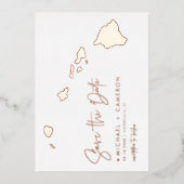 ハワイ地図ミニマリスト日付の保存バラ金ゴールド 箔招待状 (正面)