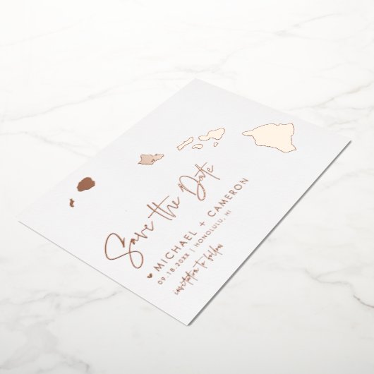 ハワイ地図ミニマリスト日付の保存バラ金ゴールド 箔招待状 (回転した状態)