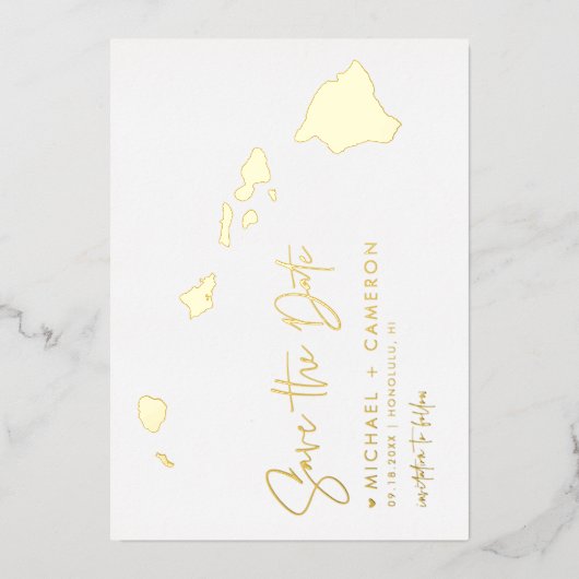 ハワイ地図ミニマルな台本の写真日付を保存 箔招待状 (正面)