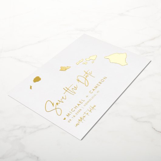 ハワイ地図ミニマルな台本の写真日付を保存 箔招待状 (回転した状態)