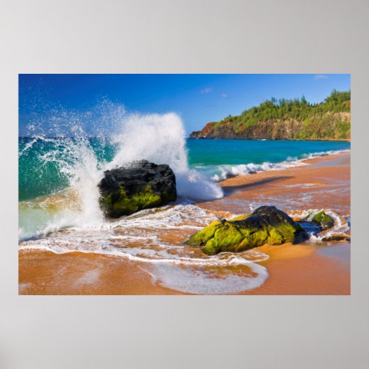 ハワイ州のビーチで波が衝突 ポスター (正面)