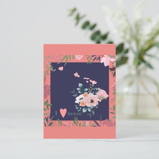ハワイ州の美しい花柄地図ポストカード ポストカード (スタンド正面)