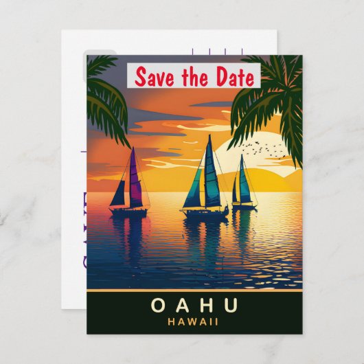 ハワイ州オアフ近郊のセーリングボート、旅行はがき セーブザデート (正面/裏面)