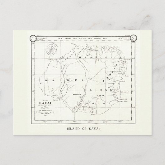 ハワイ州カウアイ島ヴィンテージ地図1887はがき ポストカード (正面)