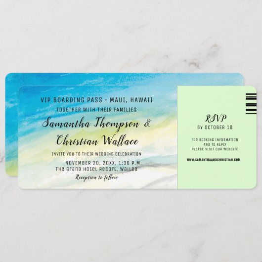 ハワイ挙式 ビーチ ウェディング 招待状 航空券スタイル (正面/裏面)