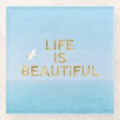 ハワイ海バ飛んでいるード金ゴールドビューティフル引用文 ガラスコースター (正面)