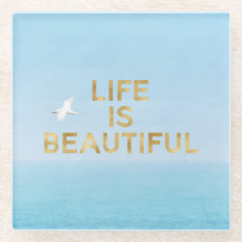 ハワイ海バ飛んでいるード金ゴールドビューティフル引用文 ガラスコースター