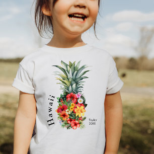 ハワイ熱帯産パイナップル花と家族名 トドラーTシャツ