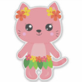 ハワイ猫,かわいい猫,ピンク猫,花,ルアウ(ハワイ式宴会) シール (正面)